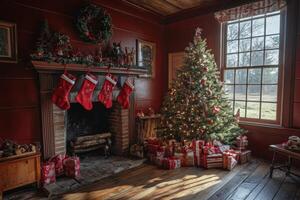 Cozy Christmas living room with decorated tree, stockings, and gifts in a rustic cabin photo