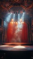A historic theater stage illuminated by bright lights and smoke during a captivating performance photo
