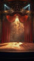 A historic theater stage illuminated by bright lights and smoke during a captivating performance photo