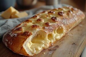 Freshly baked bread loaf with melted butter served on a wooden cutting board in a cozy kitchen photo
