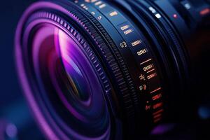 Close up view of a camera lens showcasing vibrant purple reflections and intricate details photo
