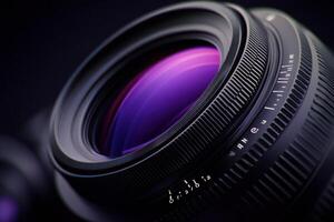 Close up view of a camera lens showcasing vibrant purple reflections and intricate details photo