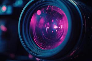 Close up view of a camera lens showcasing vibrant purple reflections and intricate details photo