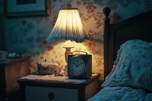 A cozy bedroom at night with a vintage clock and warm lamp lighting the space softly photo