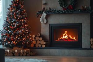 Cozy living room with a fireplace and a decorated Christmas tree during winter evenings photo