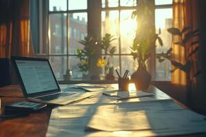 Cozy workspace with laptop and scattered documents illuminated by warm sunlight in the evening photo