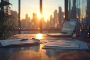 Cozy workspace with laptop and scattered documents illuminated by warm sunlight in the evening photo