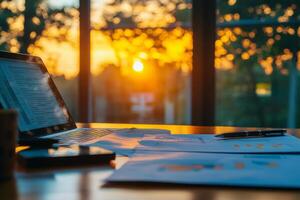 Cozy workspace with laptop and scattered documents illuminated by warm sunlight in the evening photo