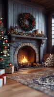 Cozy winter evening with a warm fire in a decorated living room by the Christmas tree photo