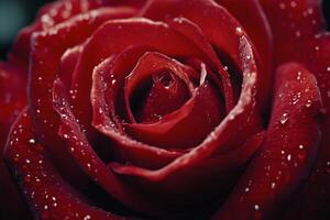 Close up of a vibrant red rose covered in water droplets in natural light during spring photo