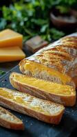 Slices of fresh bread topped with creamy cheese and herbs arranged on a wooden cutting board photo