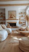 Cozy interior of a modern living room showcasing natural decor and earthy tones in daylight photo