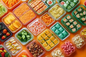Colorful assortment of healthy meals packaged in containers for meal prep in a bright setting photo