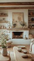 Cozy interior of a modern living room showcasing natural decor and earthy tones in daylight photo