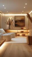 Cozy interior of a modern living room showcasing natural decor and earthy tones in daylight photo