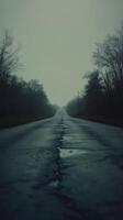 Dark and moody cracked road under stormy sky at dusk with ominous clouds gathering photo