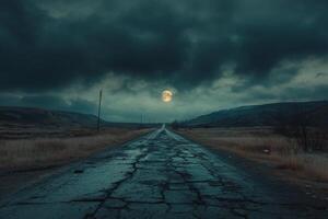 A narrow road stretches into the distance under a bright full moon and dark storm clouds at night photo