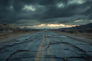 A narrow road stretches into the distance under a bright full moon and dark storm clouds at night photo