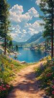 Scenic pathway leading to a serene lake surrounded by mountains and blooming flowers in daytime photo