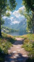 Scenic pathway leading to a serene lake surrounded by mountains and blooming flowers in daytime photo