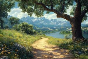 A serene pathway through lush greenery leading to a tranquil lake and majestic mountains photo