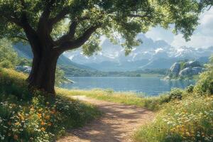 A serene pathway through lush greenery leading to a tranquil lake and majestic mountains photo
