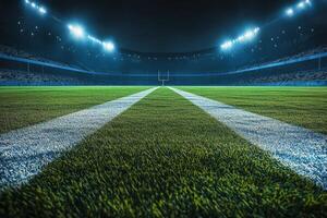 Nighttime view of a well maintained soccer field illuminated by stadium lights during a game photo