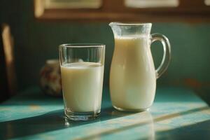 Glass and pitcher of milk placed on a wooden table with soft shadows in morning light photo