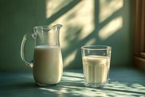 Glass and pitcher of milk placed on a wooden table with soft shadows in morning light photo