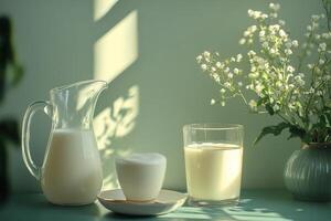 vaso y lanzador de Leche metido en un de madera mesa con suave oscuridad en Mañana ligero foto