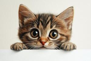 Adorable striped kitten peeking over a white surface with big bright eyes and soft fur photo