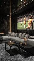 Luxurious living room with a large screen displaying a football game during an evening gathering photo