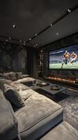 Luxurious living room with a large screen displaying a football game during an evening gathering photo