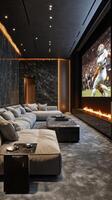 Luxurious living room with a large screen displaying a football game during an evening gathering photo