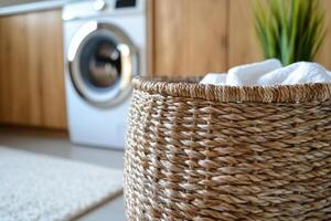 Woven laundry basket filled with towels by a modern washing machine in a bright laundry room photo