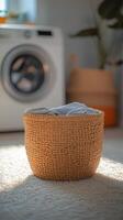 A woven laundry basket positioned near a washing machine in a cozy home environment photo