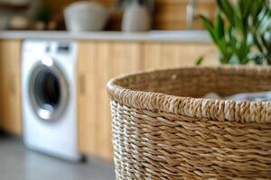 Woven laundry basket filled with towels by a modern washing machine in a bright laundry room photo
