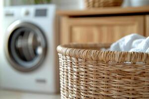 Woven laundry basket filled with towels by a modern washing machine in a bright laundry room photo