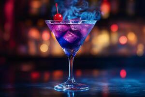 Colorful cocktail with cherry and smoke on a dark surface against a brick wall backdrop photo