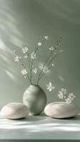 Elegant vase with delicate flowers and smooth stones on a calming green background photo