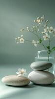 Elegant vase with delicate flowers and smooth stones on a calming green background photo