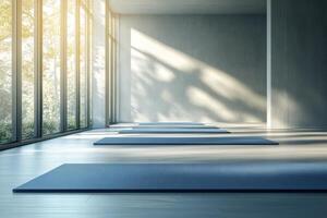 Bright yoga studio with serene atmosphere and natural light during late morning hours photo