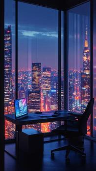 A modern workspace with a view of the illuminated New York City skyline at night photo