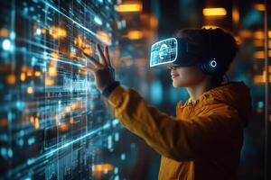 A person interacts with virtual reality technology in a modern urban environment at night photo