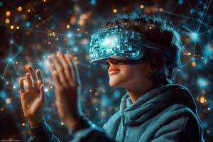 A person interacts with virtual reality technology in a modern urban environment at night photo