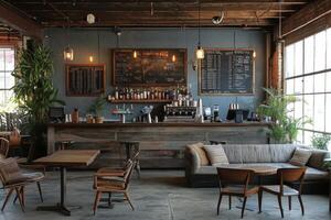 Cozy and modern cafe interior featuring a wooden bar and comfortable seating area photo