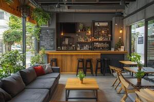 Cozy and modern cafe interior featuring a wooden bar and comfortable seating area photo