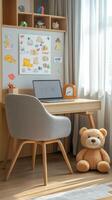 Cozy childrens study area with a teddy bear, colorful wall art, and an inviting workspace photo
