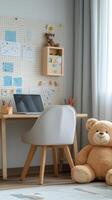 Cozy childrens study area with a teddy bear, colorful wall art, and an inviting workspace photo