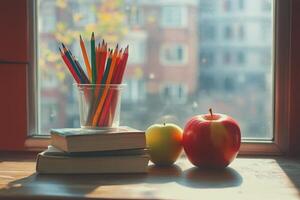 A cozy study corner featuring a fresh apple and sharpened pencils by the window in autumn light photo